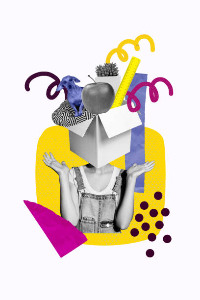 Vertical image collage young headless girl carton package box instead face load supplies relocation delivery service questioned reaction