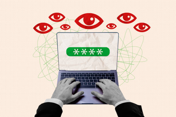 istock Photo collage man hands typing keyboard laptop password combination screen lock access privacy leak confidential info espinage eyes hacker 2192799793