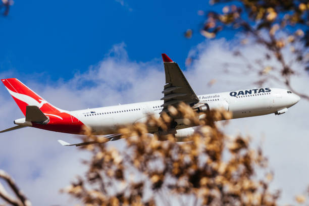 MELBOURNE, AUSTRALIA - SEPTEMBER 07, 2024: A Qantas Airbus A330-303 takes off from Melbourne on September 7th 2024