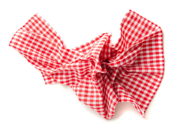 Picnic Table Cloth Isolated, Crumpled Checkered Napkin, Red White Tablecloth, Kitchen Towel with Gingham Pattern, Restaurant Dishcloth, Picnic Table Cloth on White Background