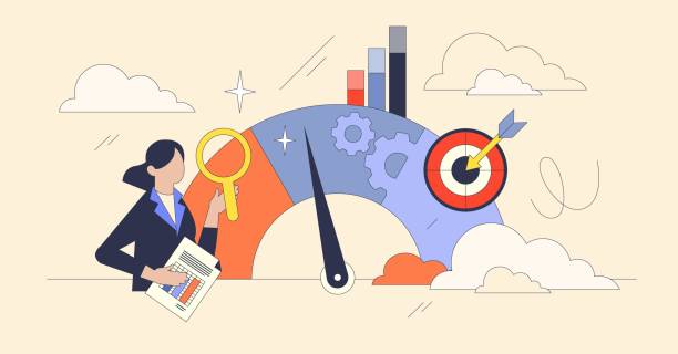 illustrations, cliparts, dessins animés et icônes de concept d’indicateur clé de performance avec une femme d’affaires, jauge et objectif... - mesurer