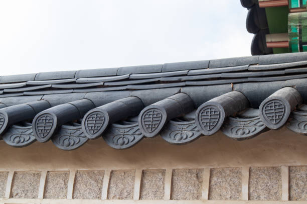 A traditional Korean wall features stone and wooden elements, reflecting the heritage of the historical district. The backdrop includes intricate roof designs under a clear sky.