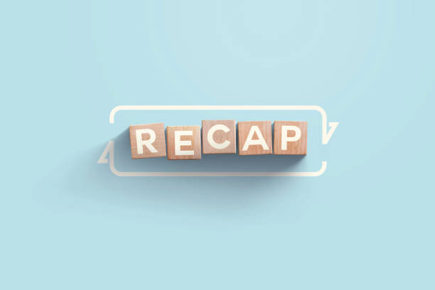 RECAP - words from wooden blocks with letters on a blue background. recap, creative idea and concept. Digital exchange and money transfer concept. Recap business, economic, market, budget, financial