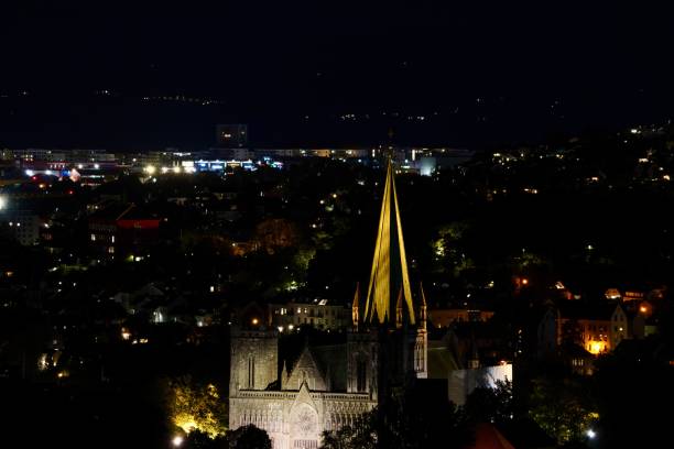 Night view of Nidaros Cathedral in Trondheim, Norway, illuminated against the cityscape, showcasing gothic architecture and urban lights.