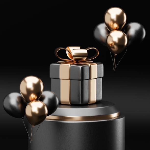 istock Elegant gift box with gold ribbon and balloons 2192815229
