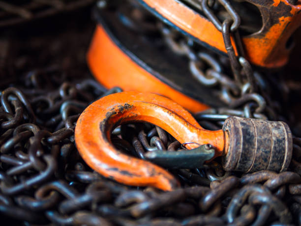 istock Chain Hoist. Industrial hook reel chain, close-up 2192817365