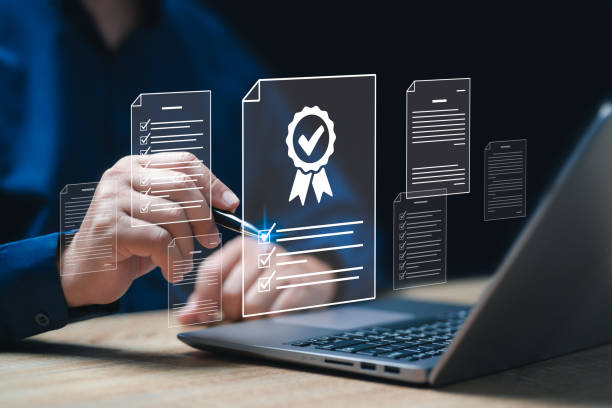 istock Certificate documents, Business work Assessment concept, Businessman approved certificate document online, Evaluation online survey exam,  International standard, Quality control, Top service ISO 2192817525