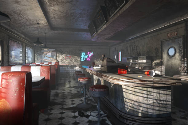 istock Old ruined interior of an abandoned American diner. Post apocalypse concept 3D rendered illustration. 2192820948