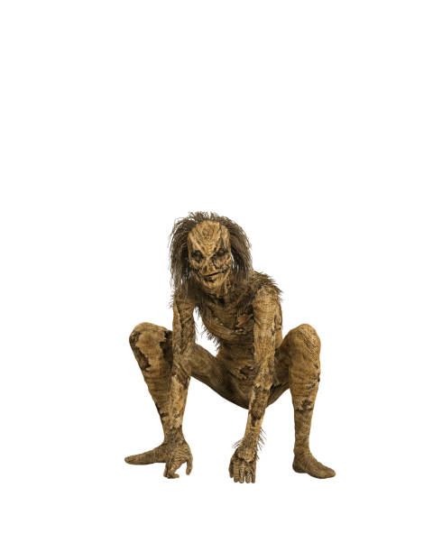 Fantasy monster scarecrow creature crouching. Isolated 3D render.