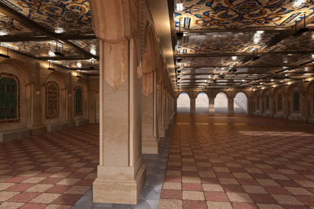 istock Terrace underpass with stone coloumns, tiled floor and arches leading to sunlit steps. 3D rendering of Bethesda Terrace. 2192821028