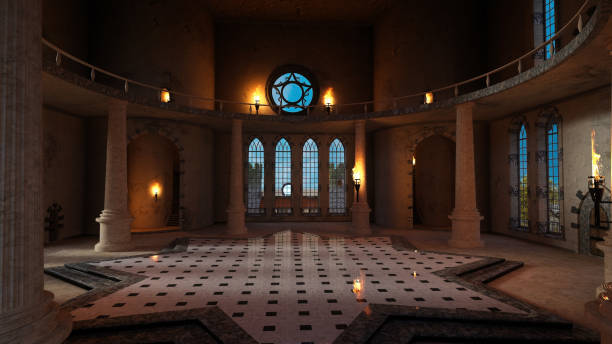 istock Large room with polished marble floor inside an old medieval castle. 3D rendered illustration. 2192821626