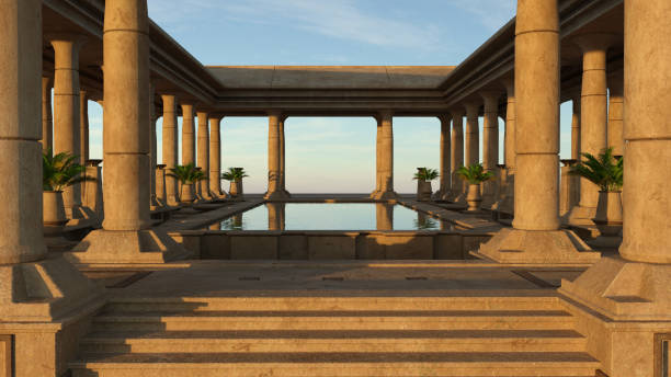 Ancient Egyptian pool garden atrium with stone columns. Blue sky is reflected in the water at sunset. 3D rendering.
