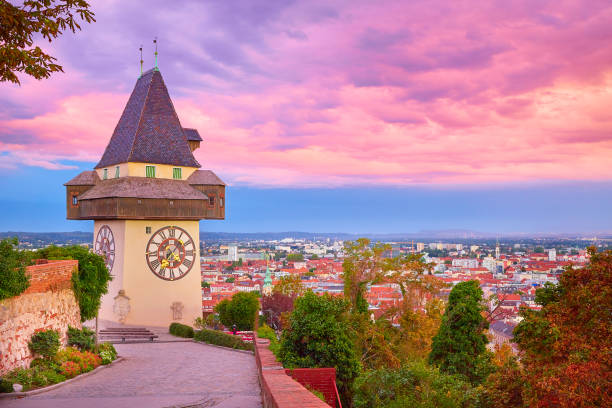 istock Graz Clock Tower with City View at Sunset 2192827982