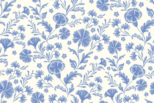 Vintage floral ethnic tapestry modern embroidery texture boho design vector illustration hand drawn silhouette indigo blue flower motif branches leaves wallpaper seamless background border.