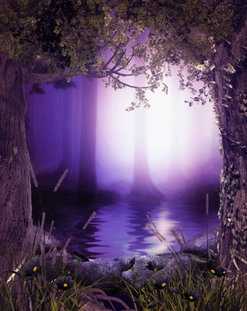 istock Magical pond inside a enchanting fairytale deep forest view with beautiful heavenly sunset 2192830853