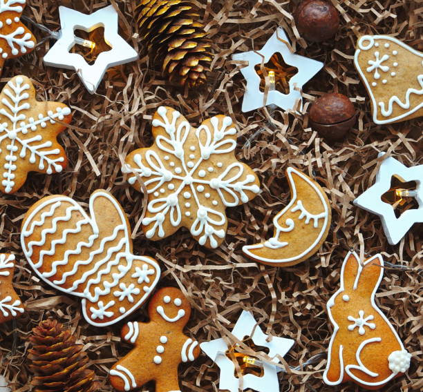 Cookies Festive Top View Brown Background Winter Decor