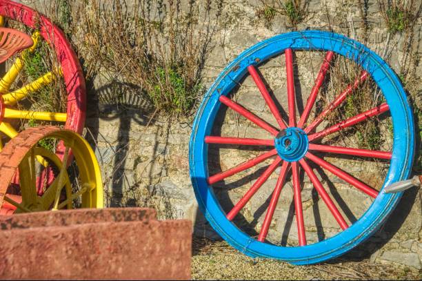 a vintage cartwheel against a wall