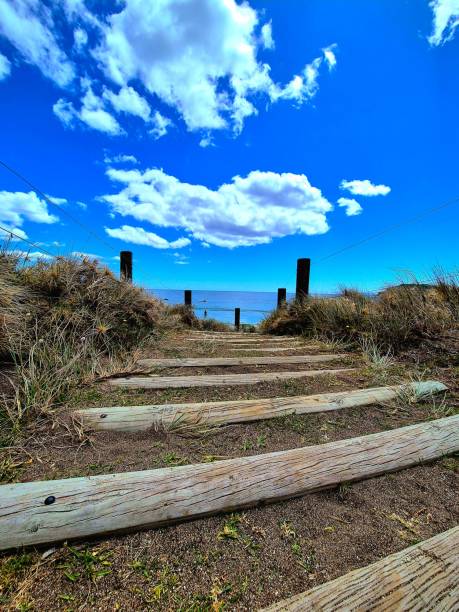 istock Wooden path to ocean under blue sky. 2192832395