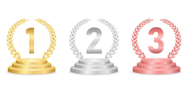 istock Set of Golden Award on Podium Stage. First, Second and Third Places. Gold, Silver and Bronze. 2192833640