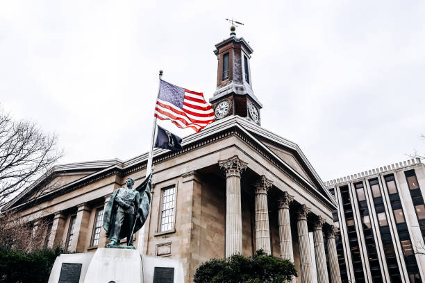 Historic Chester County Courthouse in West Chester Pennsylvania Thomas U. Walter Architecture and a Statue of Old Glory, created by Easton PA artist Harry Lewis Raul