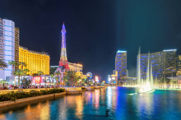Las Vegas, USA - June 15, 2012: : Las Vegas Bellagio Hotel Casino, featured with its world famous fountain show, at night with fountains in Las Vegas, Nevada.
