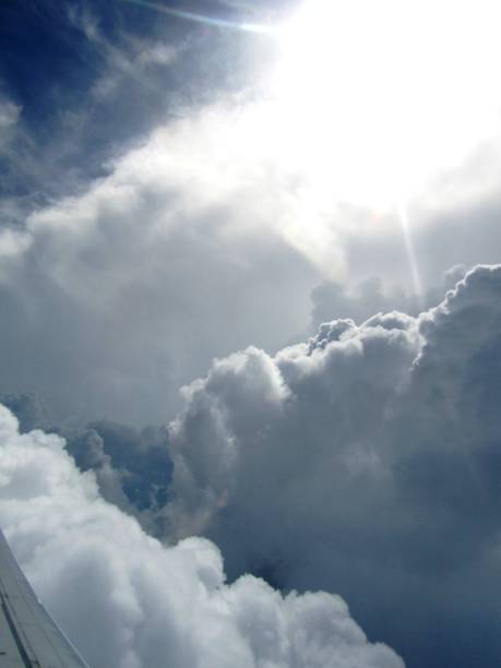 Sky picture taken from airplane. Blue sky, white clouds.