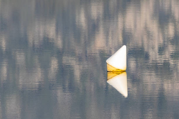 istock A white buoy with a conical shape, perfectly reflected on calm water, evoking stillness, minimalism, and natural beauty in a serene landscape setting 2192840041