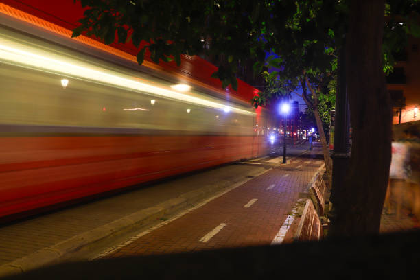 istock Night tram train passing in Valencia city, Spain 2192843880