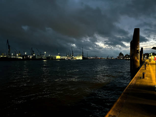 Iphone series. Hamburg Harbour at night in January.