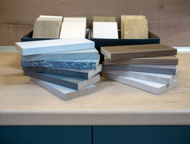 istock Furniture production. Samples of multi-colored finishing material based on laminated chipboard and MDF. Showcase 2192847556