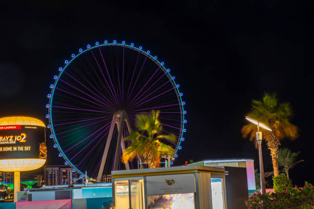 Dubai, United Arab Emirates - December 15, 2024: Bluewaters island in Dubai with Ain Dubai Ferris wheel at night.