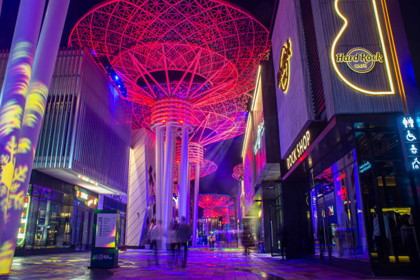 Dubai, United Arab Emirates - December 15, 2024: Bluewaters island in Dubai with Ain Dubai Ferris wheel at night.