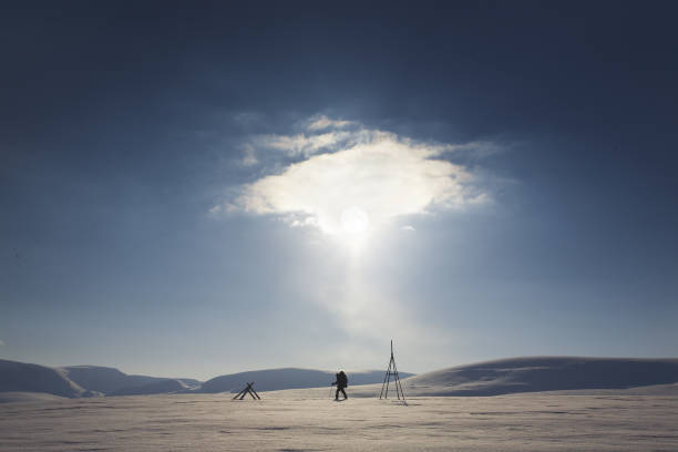 A tranquil arctic winter landscape with snow covered ground and forest in the background under a clear blue sky and the sun setting on the horizon.