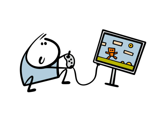 Hand drawn child playing retro computer game on TV. Vector illustration of nostalgia for childhood. Funny boy controls the joystick. Isolated sitting cartoon character on white background. Hand drawn child is playing retro computer game on TV. Vector illustration of nostalgia for childhood. Funny boy controls the joystick. Isolated sitting cartoon character on white background. old remote control stock illustrations