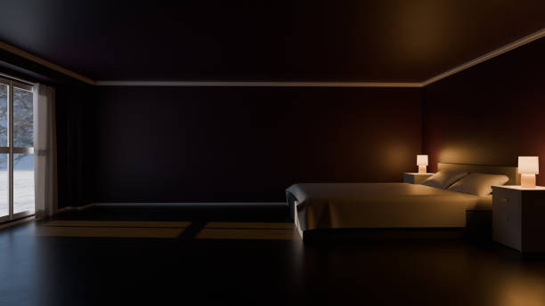 istock Dimly lit bedroom with a double bed, bedside tables with lamps 2192856073