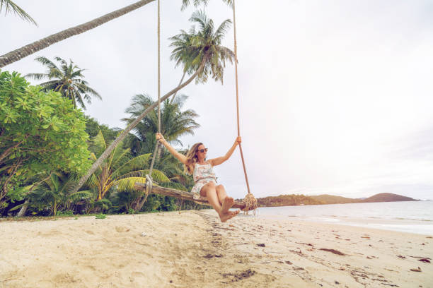 istock Woman Relaxing on a Beach Swing Under Palm Trees 2192865048