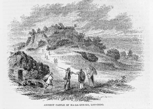 Illustration from Harpers New Monthly Magazine December 1855 - May 1856 - Men stand in the foreground in front of the hill leading up to an ancient castle.