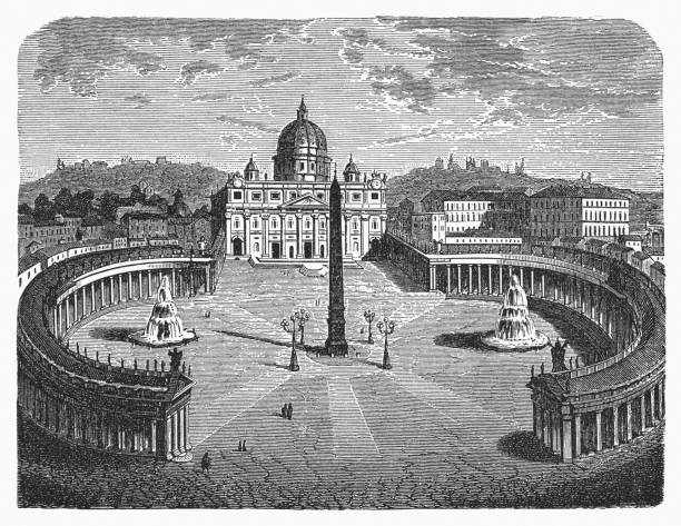 Historical view of St. Peter's Square and the Basilica, Vatican City. Wood engraving, published in 1883.