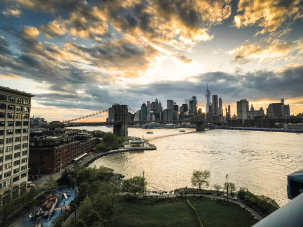 aerial view of manhattan at dusk