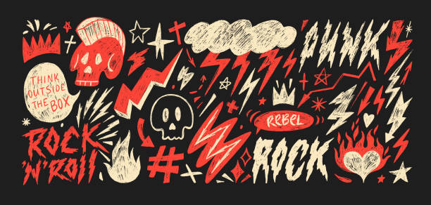 Funky punk crayon drawn shapes and stickers. Rock style doodle collection with pencil texture. Lightning, skulls, flames and rebel phrases. Red vector elements in punk grunge style.