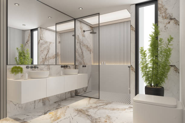 istock Modern Minimalist White Master Bathroom Interior with Double Sinks and Shower with large marble tiles and plants 2192874524