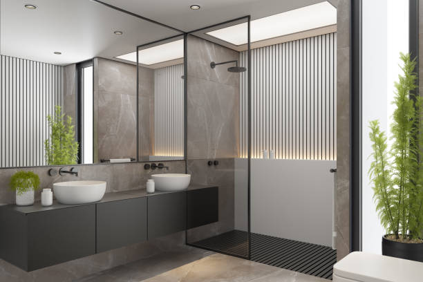 istock Modern Minimalist Master Bathroom Interior with Double Sinks and Shower with large marble tiles and plants. Black furniture cabinets. 2192874603