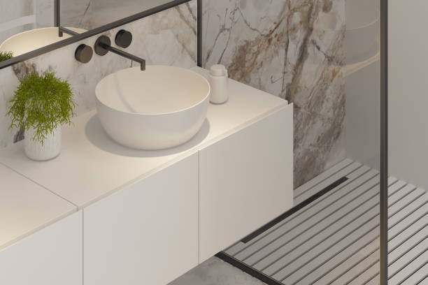 istock Modern Minimalist White Master Bathroom Interior with Double Sinks and Shower with large marble tiles and plants 2192874683