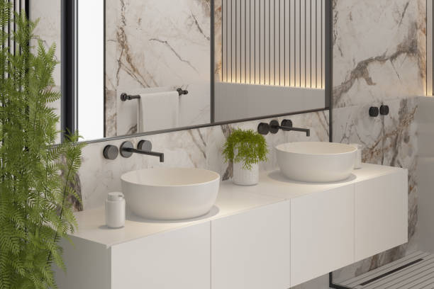 istock Modern Minimalist White Master Bathroom Interior with Double Sinks and Shower with large marble tiles and plants 2192874751
