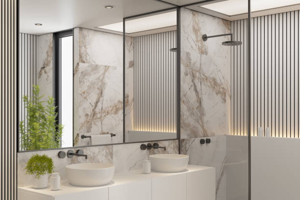 istock Modern Minimalist White Master Bathroom Interior with Double Sinks and Shower with large marble tiles and plants 2192874754