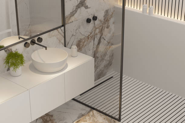 istock Modern Minimalist White Master Bathroom Interior with Double Sinks and Shower with large marble tiles and plants 2192874755
