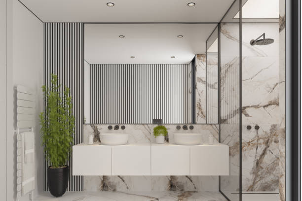 istock Modern Minimalist White Master Bathroom Interior with Double Sinks and Shower with large marble tiles and plants 2192874756