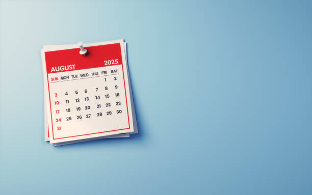 istock August 2025 Calendar on Light Blue Background, White pushpin 2192877001
