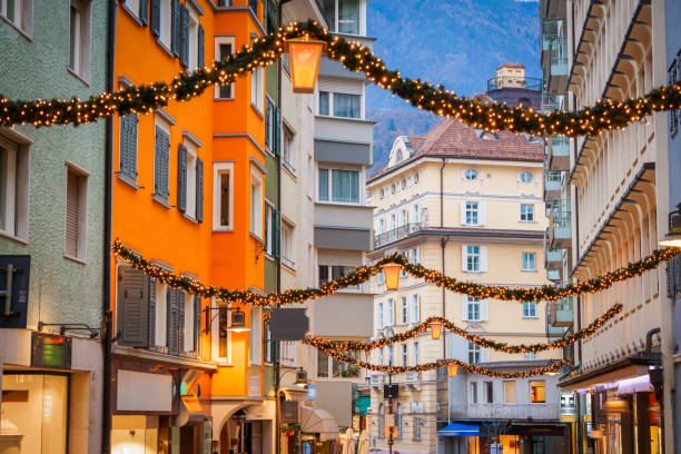 Typical street in Bolzano with Christmas decorations, Italian Austrian Town