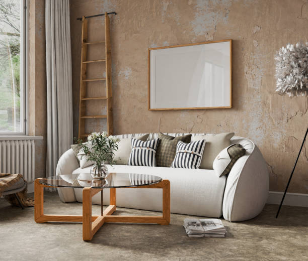 istock Interior living room mockup frame, cement wall poster empty in home design, vintage style in home design, interior design element mockup, blank frame 3d render 2192886529